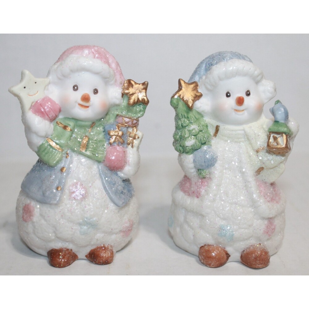 2PC Mini 3.5" Porcelain Pastel Glitter Snowman Figurine Set of 2